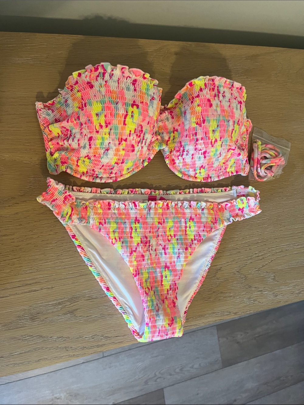 Victoria's Secret Neon Pink Multicolor Smocked Bikini NWOT